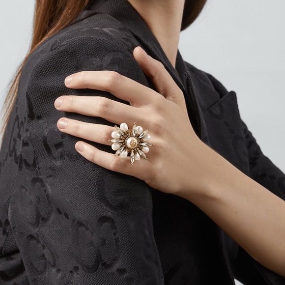 GUCCI NIB $799 retail interlocking G flower ring 3 piece set daisy crystal - Picture 2 of 7